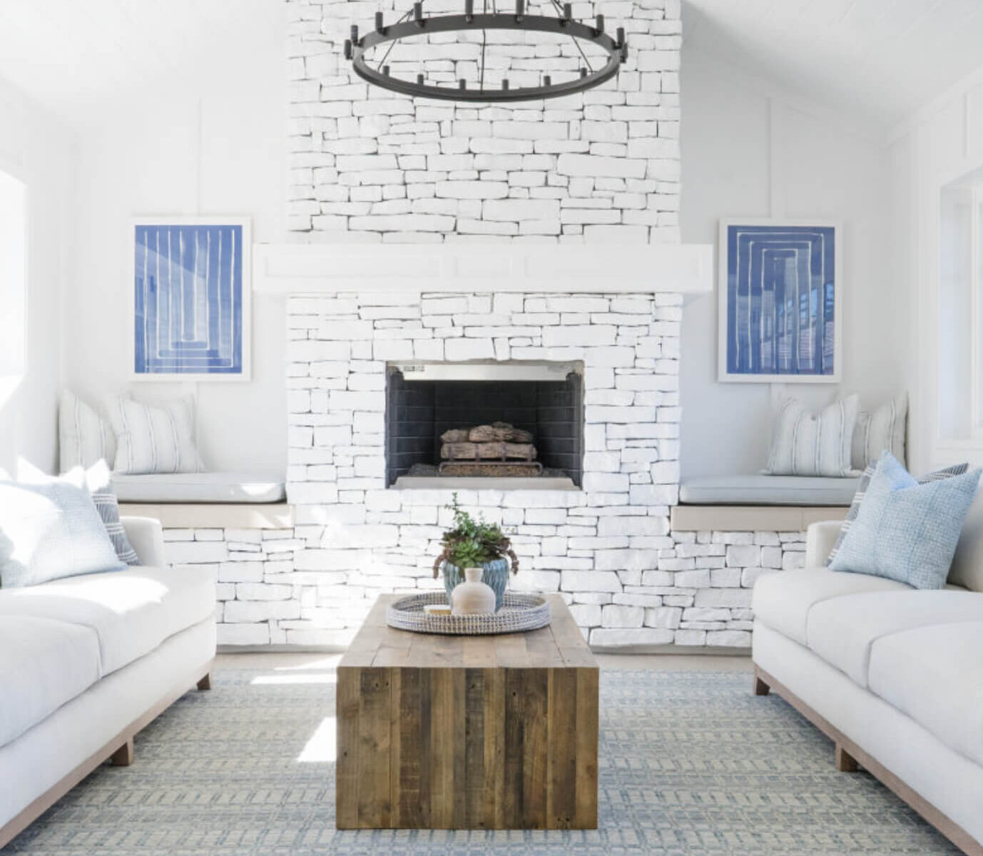 White brick mantle and fireplace